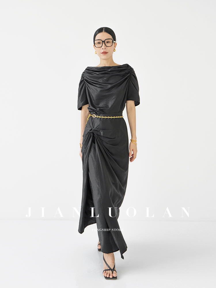 Huanzi custom pleated short-sleeved top + high-waisted heavy kneaded pleated shape split skirt suit