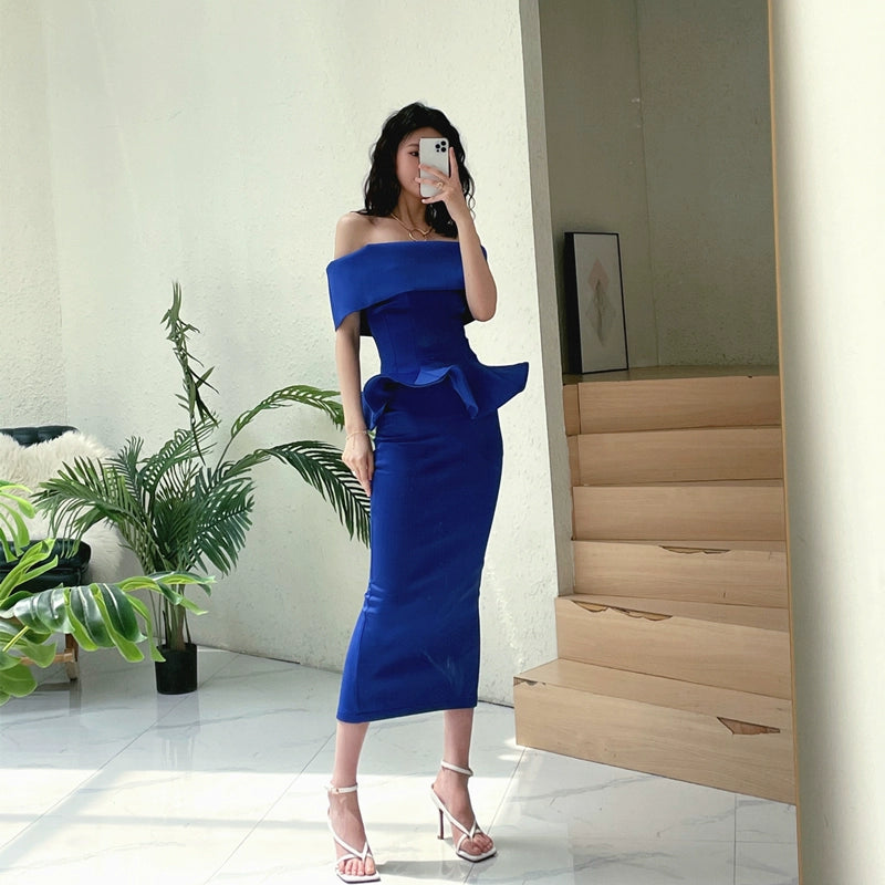 DOLLY High End Off Shoulder Peplum Tube Top Slim Fit Wedding Guest Dress-HANS