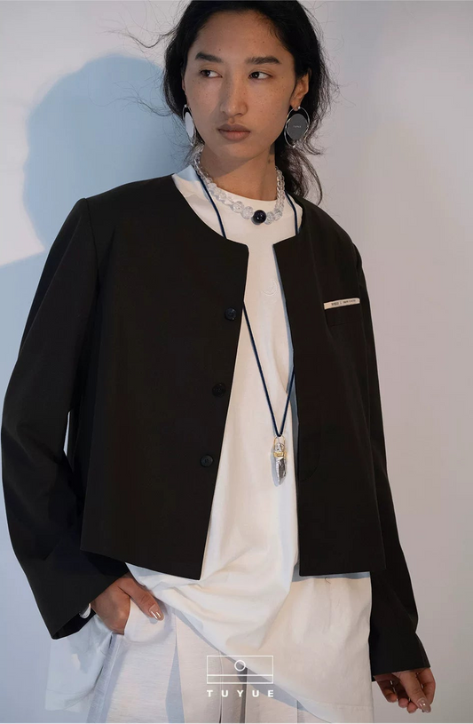 TUYUE blue gray round neck straight shoulders short casual blazer- STEPHEN
