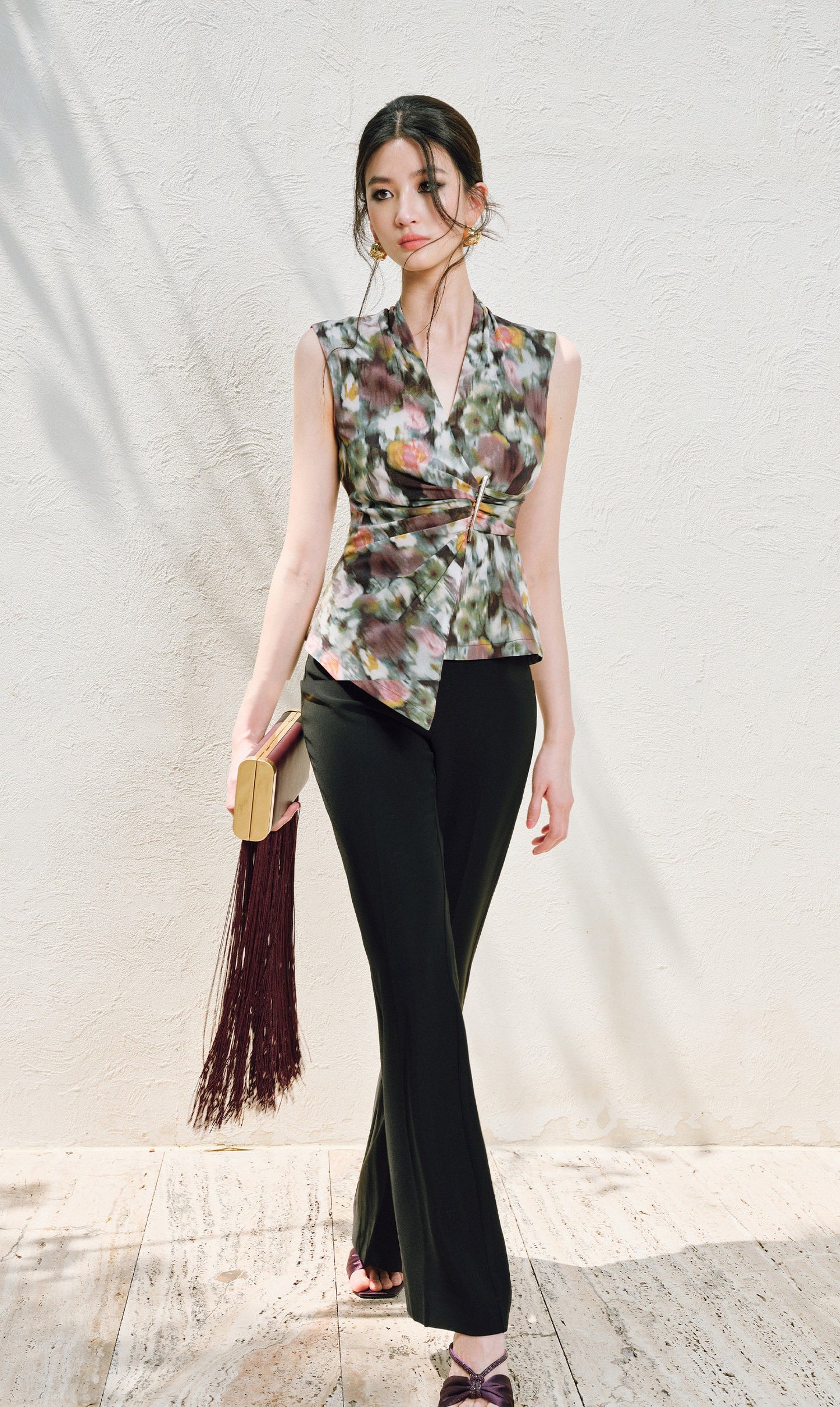 WANGXO | Innovative Weaving Texture Overlapping V-Neck Sleeveless Top -KEIA