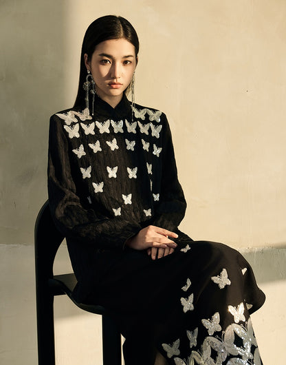 HECO Butterfly Beads Embroidered Stand-Up Collar black white T-Shirt - WORDS.