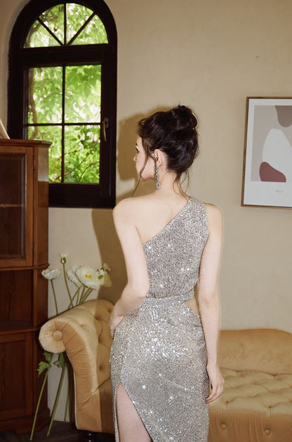 DOLLY Elegant Sliver One Shoulder Sleeveless Sparkling Slim Fit Sexy Dinner Dress-ALETA