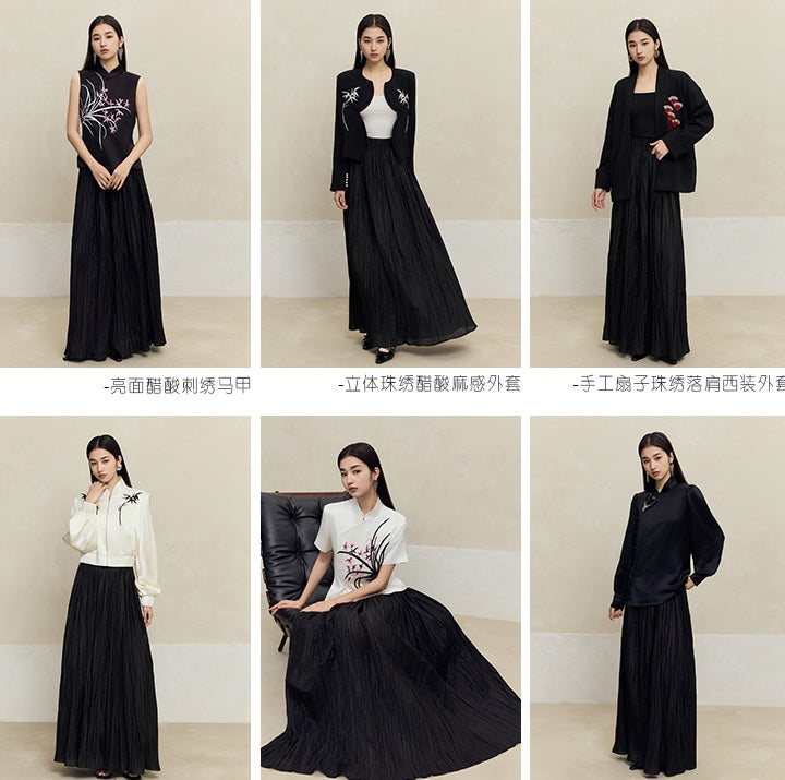 HECO striped texture swing high waist black green women's long skirt - muse.