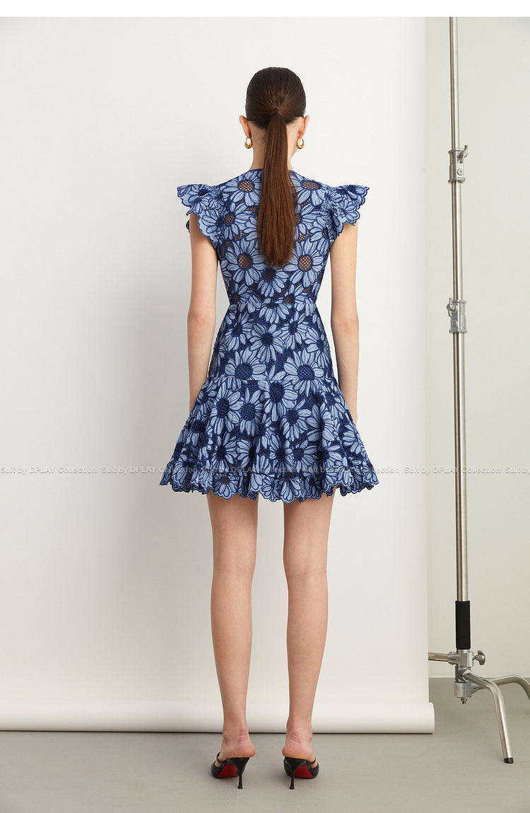 LIGHT LUXURY blue daisy print v neck machine embroidered lace dress - Iko