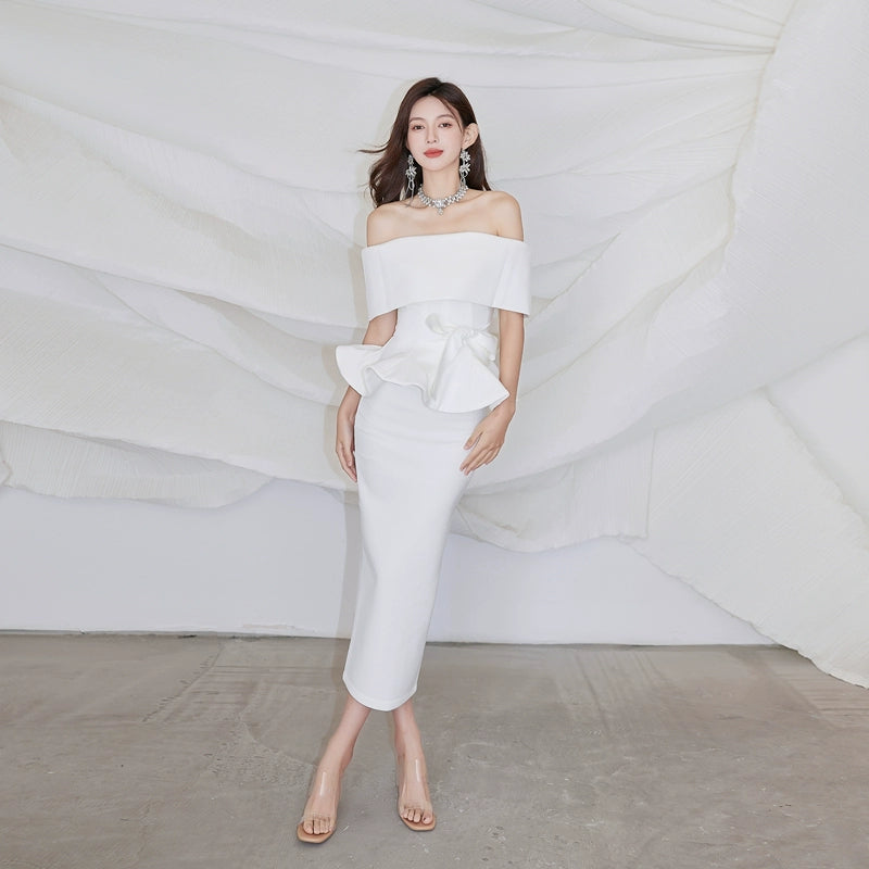 DOLLY High End Off Shoulder Peplum Tube Top Slim Fit Wedding Guest Dress-HANS
