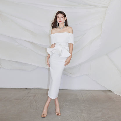 DOLLY High End Off Shoulder Peplum Tube Top Slim Fit Wedding Guest Dress-HANS