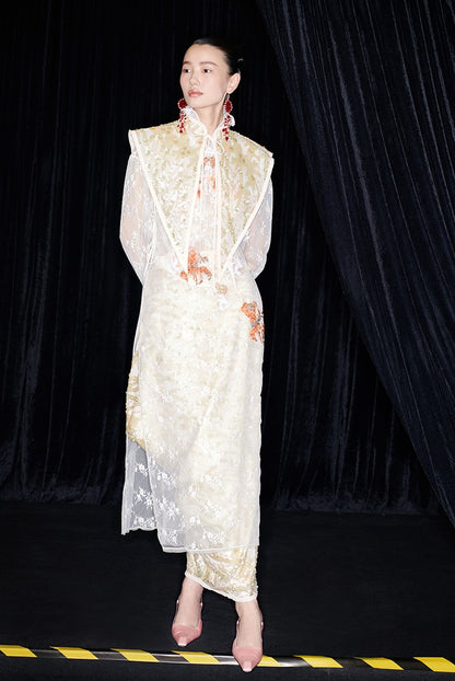 M essential Mackay designer label Jinghui embroidered lace-up trim collar - BABE.