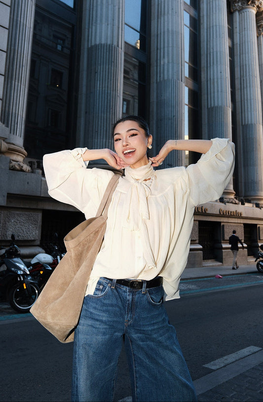 MEI SANGUAN beige French retro lantern sleeve bow shirt - CAIUS