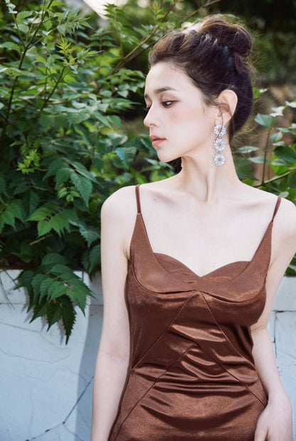 DOLLY Elegant Brown Sleeveless Satin Slim Fit Hip Hug Long Dinner Dress-CRESSIDA