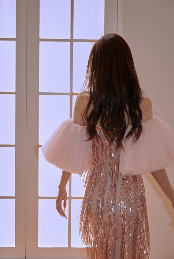 DOLLY Luxury Retro Puff Sleeve Glitter Tassel Tube Top Short Party Dress-LORENA