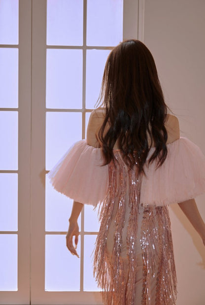 DOLLY Luxury Retro Puff Sleeve Glitter Tassel Tube Top Short Party Dress-LORENA