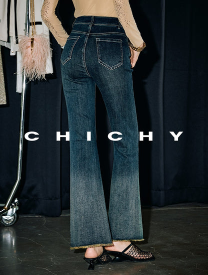 CHICHY vintage dark blue hot diamond gradient bootcut slim pants-OLEG