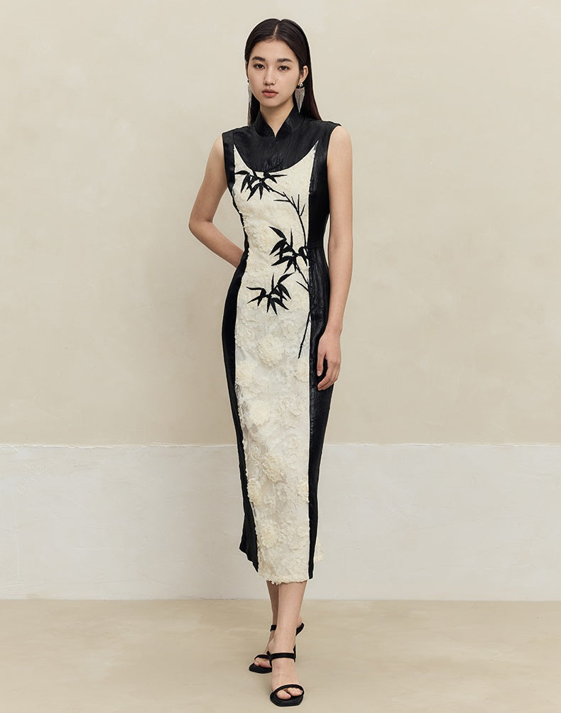 HECO Embroidered Acetate Cheongsam Sleeveless Midi Dress - what.
