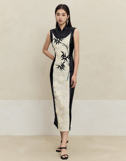 HECO Embroidered Acetate Cheongsam Sleeveless Midi Dress - what.