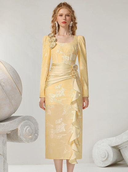 CHECOCRE Sophisticated Retro Warm Yellow Tone Romantic Flowers Long Dress- ANNA