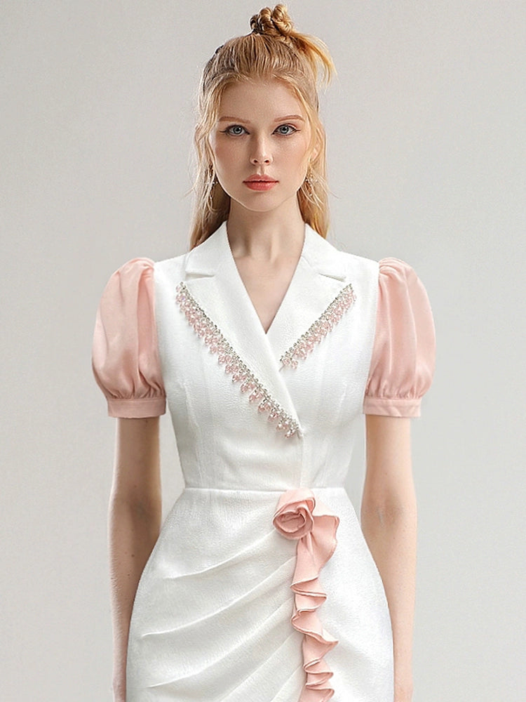 CHECOCRE Elegant V-neck Pressed Pleated Diamond Design Short White Dress - SEEKING