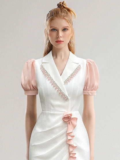 CHECOCRE Elegant V-neck Pressed Pleated Diamond Design Short White Dress - SEEKING