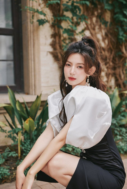 DOLLY Elegant Black and White Deep V-Neck Short Puff Sleeves Slim Fit Office Dress-ZOEY