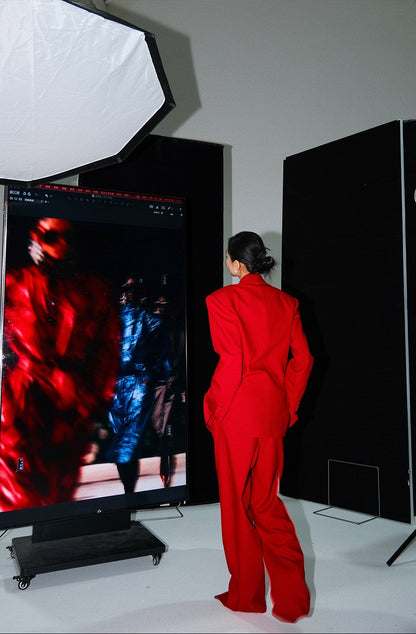 MEI SANGUAN Wool-Blend Red Blazer & Floor-Length Slacks Suit - MOSES