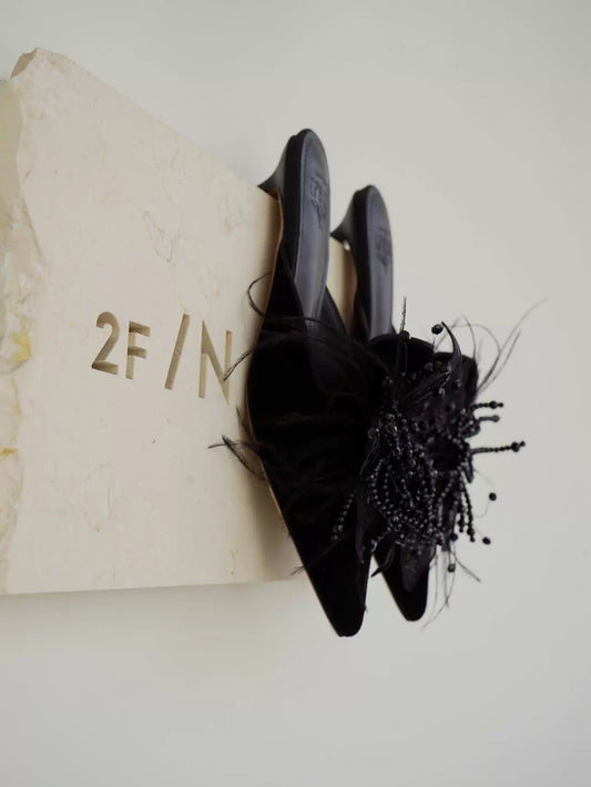 B-FEI kitten heeled niche beaded flower decoration mules-NEULO.