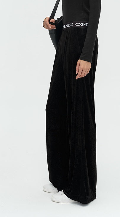 COMME MOI Lu Yan designer new women's velvet acetate logo wide-leg pants - FEEL.