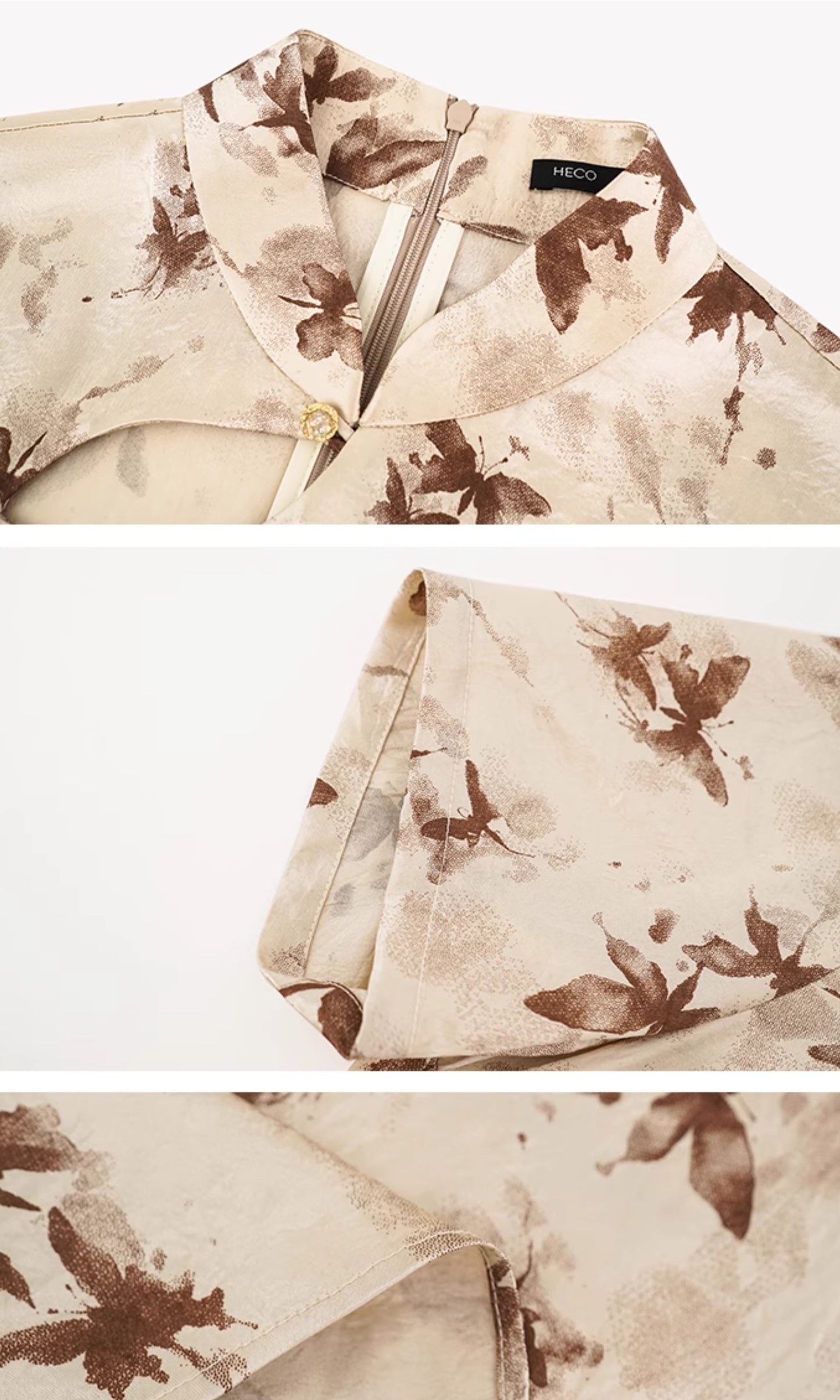HECO Chinese Style Stand Collar Cut-out Pleated Short Cheongsam Dress - BIRD.