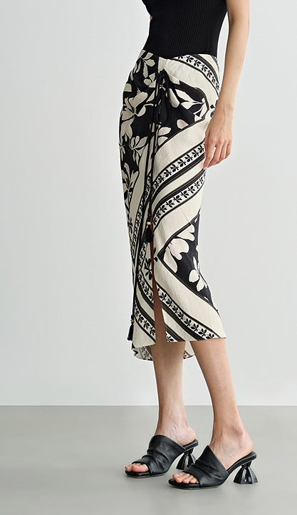 COMME MOI  black and white printed slit hip skirt - JENIFER.