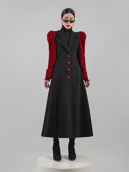 Huanzi haute couture French vintage contrast puff sleeves cinched waist double-sided cashmere coat women's autumn winter tweed coat