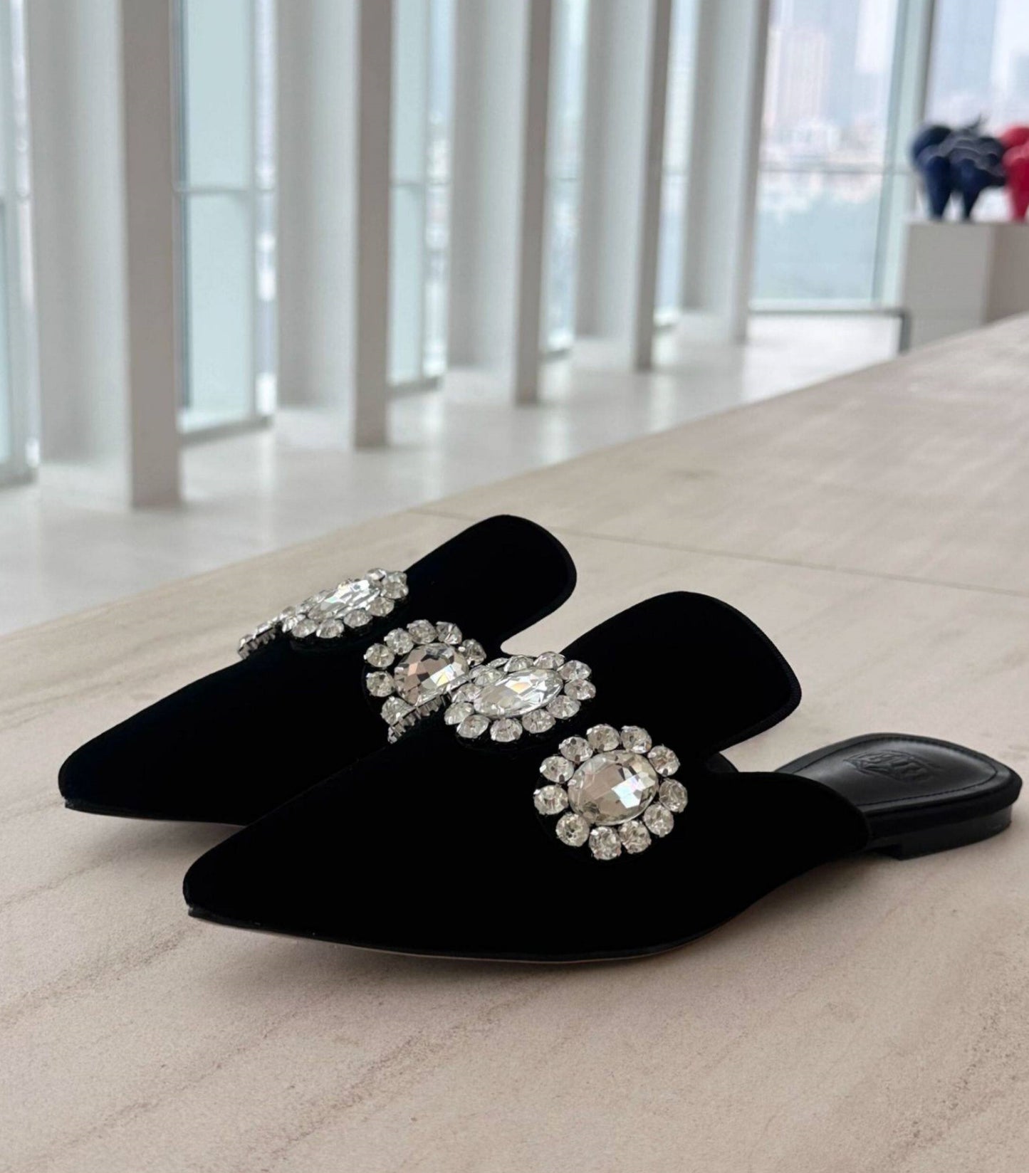 B-FEI custom pointed rhinestone flat mules.