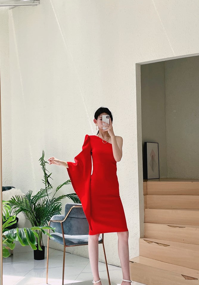 DOLLY Elegant One Shoulder Long Trumpet Sleeve Slim Fit Wedding Guest Dress-MALA