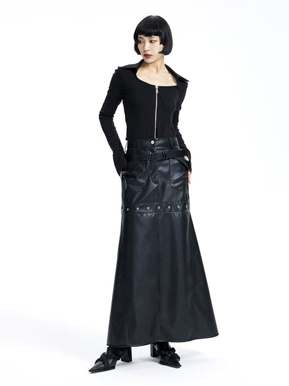 TINY IN High Waist Leather Panelled Fishtail Black Skirt-RIHA