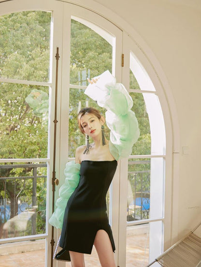 DOLLY Elegant Black Chest Wrap Long Puff Sleeve Slim Fit Short Slit Party Dress-KABRINA