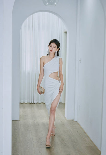 DOLLY Luxury Slopping Shoulder Sleeveless Waist Baring Sexy Cocktail Dress-AGAPE