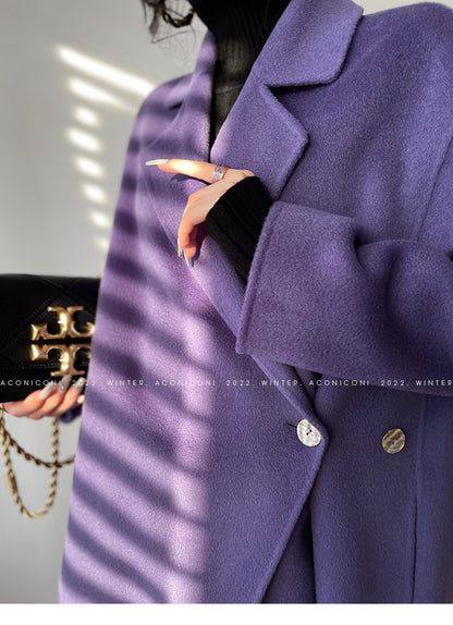 Aconiconi Luxury Purple Lapel Long Sleeve Long Straight Winter Coat- Taro