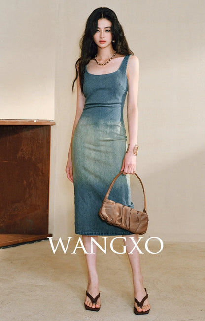 WANGXO | Shu Rou Denim Sand-Fried U-Neck Waist Vest Dress - NOOR