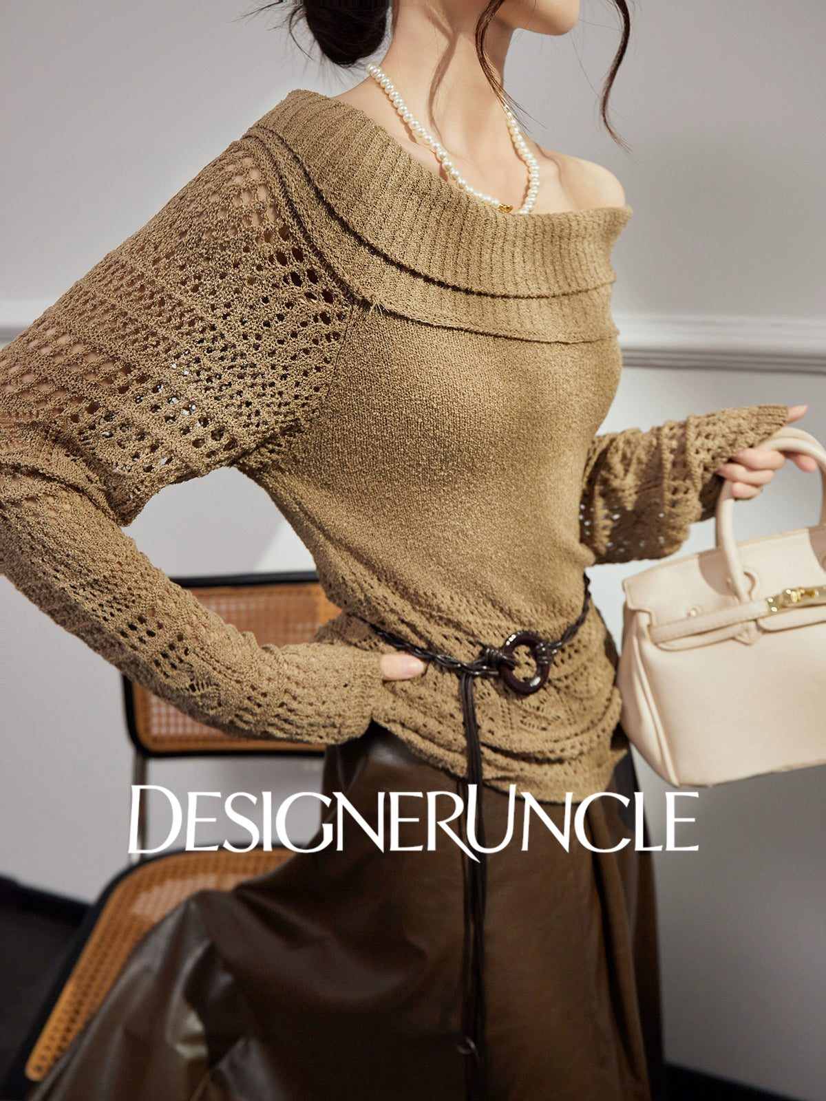 DGU "Oak Autumn" knitted new cut-out long-sleeved versatile pullover top - Emery.