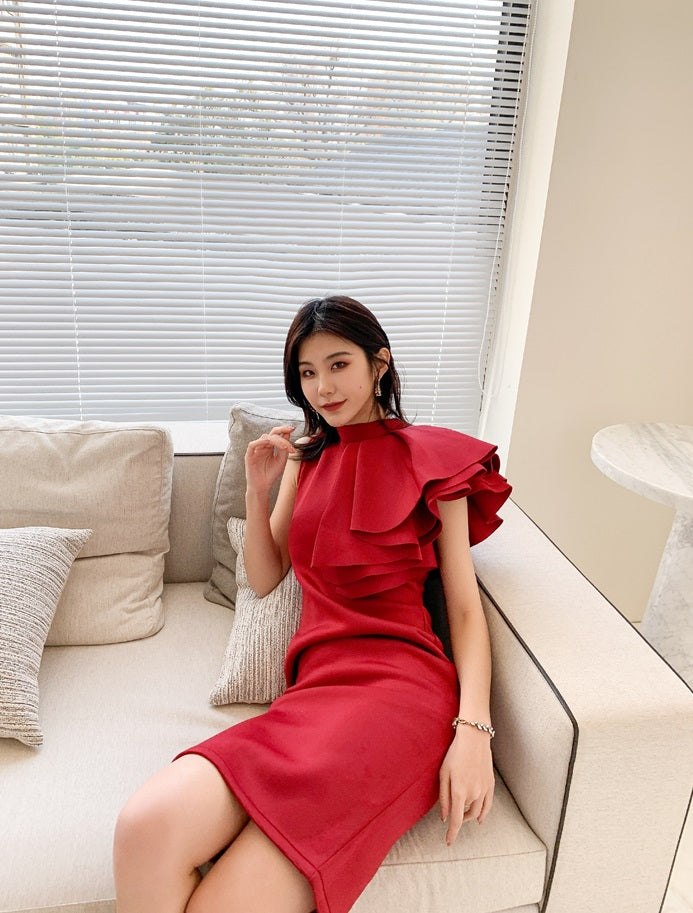 DOLLY High End Retro Style Sleeveless Ruffle Slim Fit Midi Church Dress-RAIN