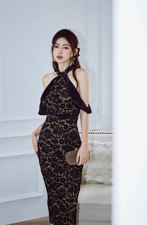 DOLLY Luxury Black Lace Sleeveless Halter Neck Slim Fit Midi Formal Dinner Dress-ANGELA