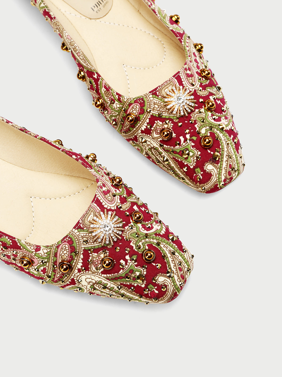 Pjjuu beaded printed red gold heel ballet flats shoes  - Hailey