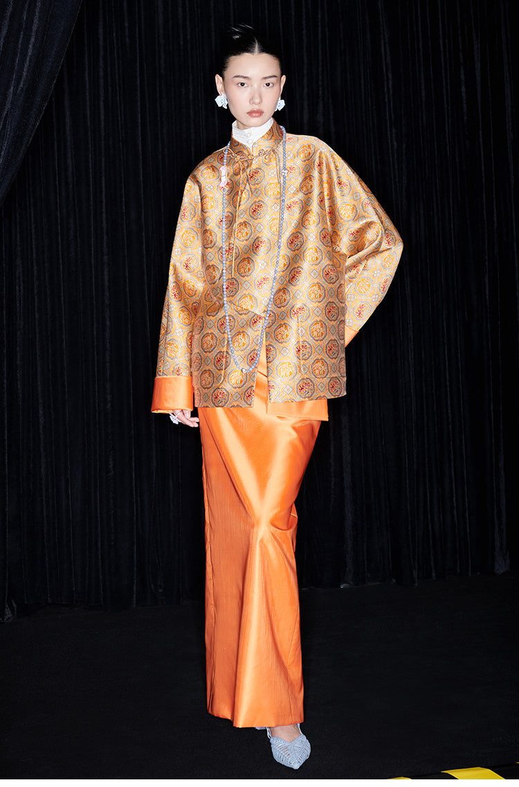 M essential Mackay designer halo stand-up collar jacket orange skirt suit  - Guaida.