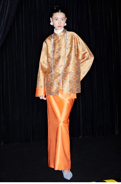 M essential Mackay designer halo stand-up collar jacket orange skirt suit  - Guaida.