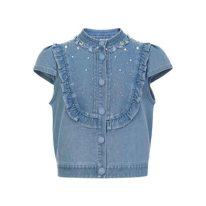 FAME beaded ruffled cropped denim top - NATALIE