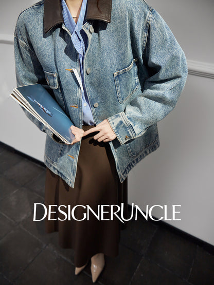 DGU "Qingyan" denim blue short jacket retro loose and versatile slimming top - Robert.