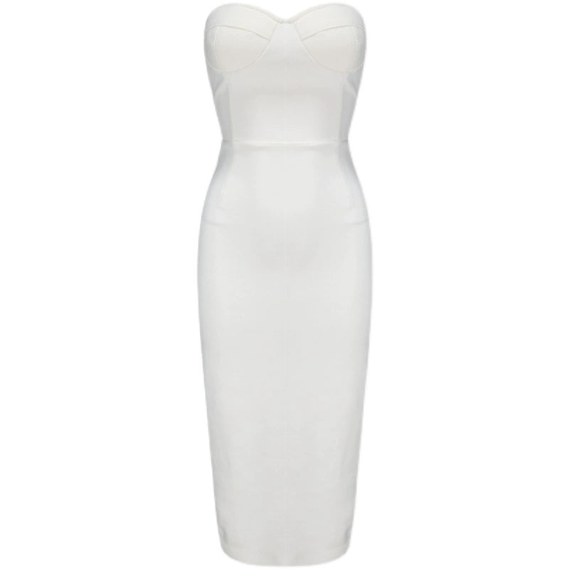 DOLLY Luxury White Simple Off Shoulder Tube Top Slim Fit Hip Hug Banquet Dress-BORA