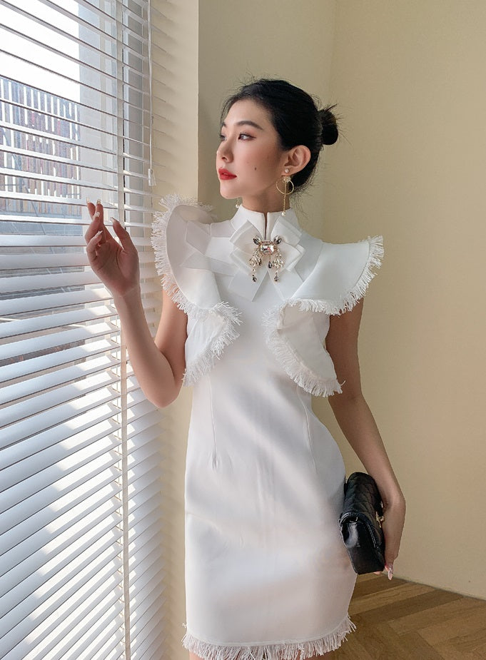 DOLLY Elegant White/Black Stand Collar Short Sleeve Slim Fit Short Fringe Dress-FRIYA