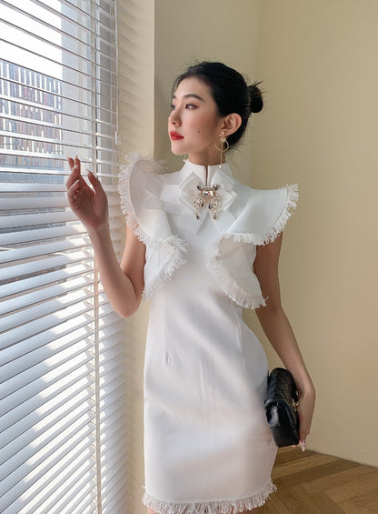 DOLLY Elegant White/Black Stand Collar Short Sleeve Slim Fit Short Fringe Dress-FRIYA