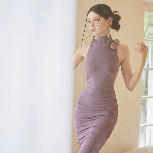 DOLLY Luxury Purple Turtle Neck Sleeveless Body Wrap Chic Dress-CHANCEL