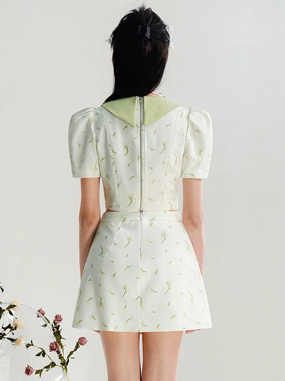 CHECOCRE Cute Bow Pocket Pearl Chain Embroidered  White Suit Set- SETO