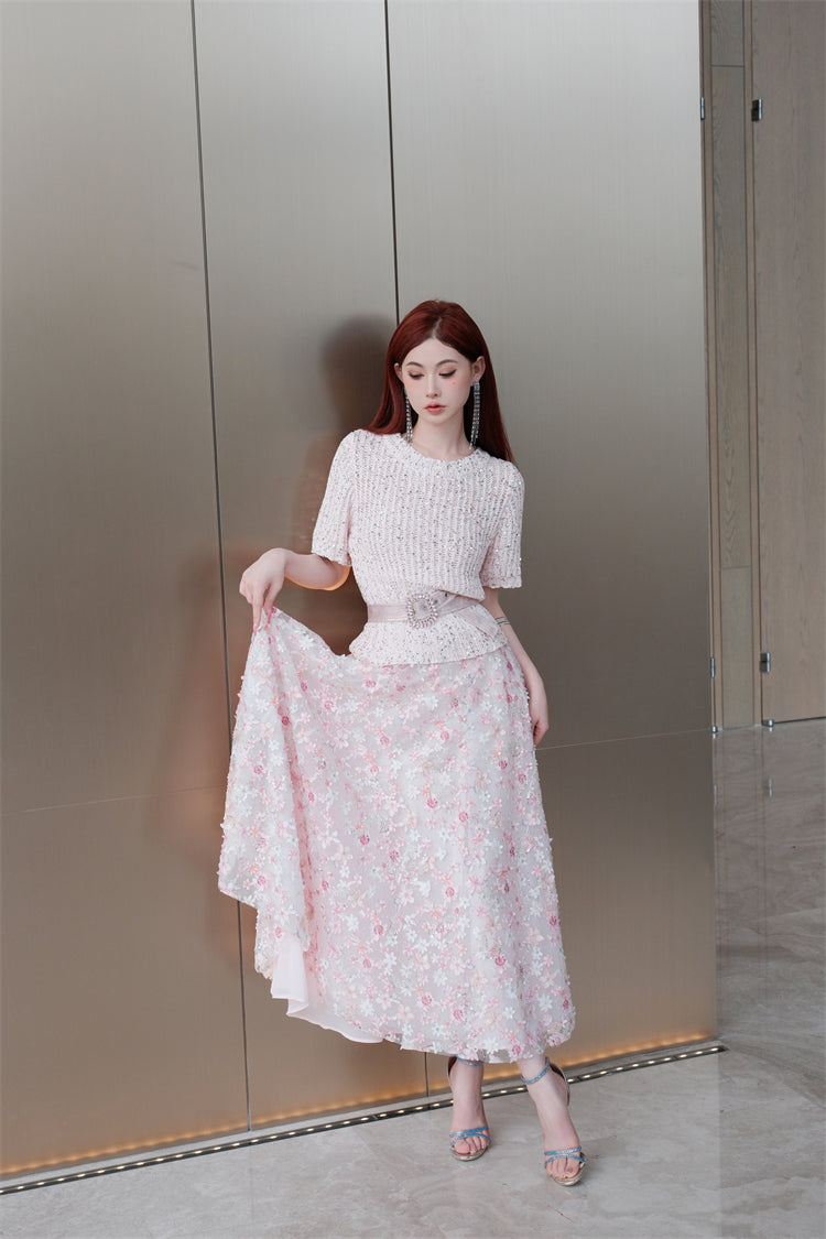 Wardrobes by Chen Elegant Pink Sequin Embroidered Long midi Skirt - Jiaa