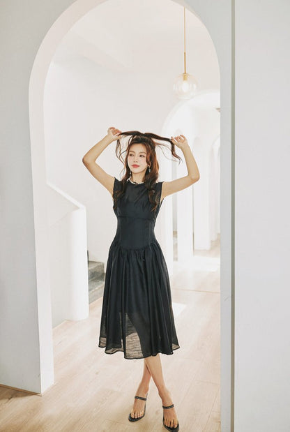 DOLLY High End Black Retro Flying Sleeve Pleated High Waist Midi Office Dress-BRANCA